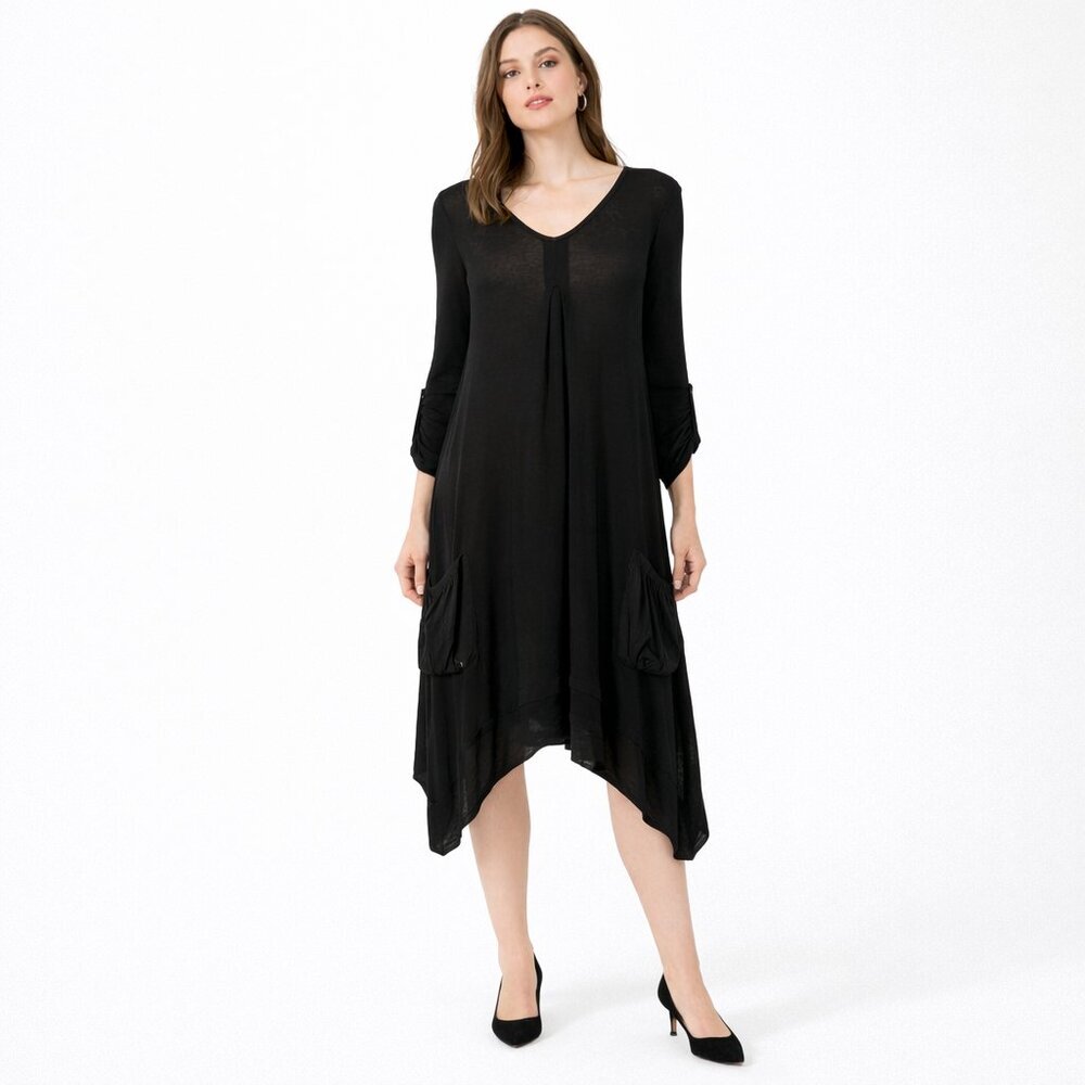 TEMPO PARIS V Neck Knit Dress Lagenlook Low Pocket Black Size Small